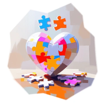 A colorful jigsaw puzzle with various shapes and patterns, where the pieces are in the process of coming together to form a heart shape. The heart is almost complete, with several pieces still hovering above, ready to fit in place. The table underneath is wooden, and there are scattered pieces around the heart, displaying bright colors like red, pink, blue, and yellow. The scene captures a sense of creation and connection as the heart takes shape from the individual puzzle pieces.