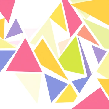 A series of overlapping triangles arranged to form an intricate pattern. Each triangle has a distinct color, contributing to a vibrant composition. The triangles display varying sizes and orientations, creating a sense of depth and a three-dimensional effect. The edges of the triangles are sharply defined, enhancing the overall geometric design. The background is filled with seamless, colorful gradients that complement the triangles and add visual interest.