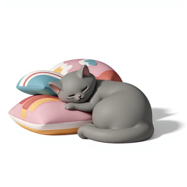 A fluffy gray cat with closed eyes is curled up, resting peacefully on a pile of vibrant, patterned pillows. The pillows have various designs, including floral, geometric, and stripes, showcasing a rich palette of colors like red, blue, yellow, and green. The cat's paws are tucked under its body, and its tail is wrapped around it for warmth. Sunlight gently illuminates the scene, casting soft shadows around the cat and pillows, creating a cozy atmosphere.