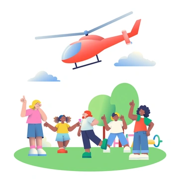 An RC helicopter with a bright red body and white rotor blades is flying above a green park. Below, groups of children with diverse skin tones and hairstyles are standing on the grass, gazing up at the helicopter in amazement. Some children are pointing at the helicopter while others have their hands on their cheeks, expressing surprise. The park is dotted with colorful playground equipment, and a few trees provide shade in the background. A clear blue sky is visible overhead, creating a vibrant atmosphere.