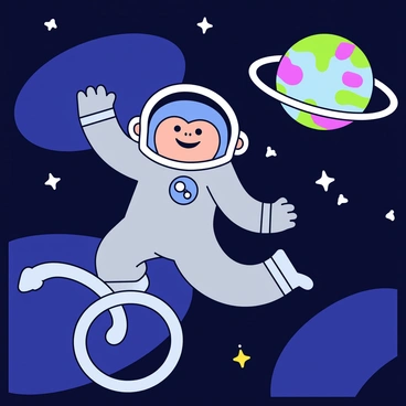 An astronaut monkey wearing a silver space suit is floating in space. The monkey has a cheerful expression on its face, with its arms and legs extended. Nearby, there is a colorful planet featuring vibrant shades of blue, green, and purple. The planet has swirling patterns and large rings encircling it. The background is filled with scattered stars twinkling in the dark expanse of space.