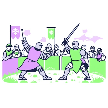A medieval tournament scene is unfolding, showcasing two armored knights engaged in sword fighting. The knights are in dynamic poses, with one knight raising his sword high, preparing to strike, while the other knight is in a defensive stance, holding his sword horizontally in front of him. Surrounding the arena, there are cheering onlookers dressed in period attire, including a mix of nobles and commoners. Some spectators are clapping, while others are leaning forward in excitement. Banners with intricate designs are hanging from the surrounding structures, and the ground is marked with dirt and grass from the ongoing event.
