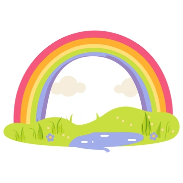 A vibrant rainbow with distinct red, orange, yellow, green, blue, indigo, and violet stripes arches over a lush spring landscape. Below the rainbow, fresh green grass is dotted with colorful wildflowers in shades of pink, purple, and yellow. The sky is filled with fluffy white clouds, and the ground is glistening from a recent rain shower. A small shimmering puddle reflects the rainbow and the surrounding scenery, enhancing the lively atmosphere of the spring day.