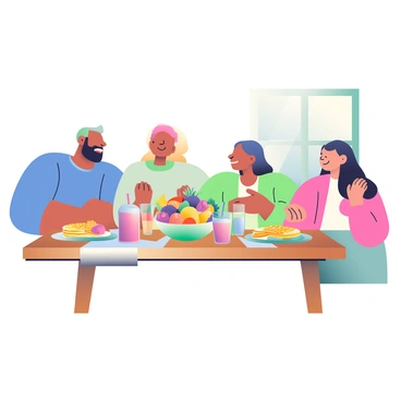 A family of four is gathered around a wooden brunch table filled with various dishes showcasing "passion fruit." The table is set with a white tablecloth and colorful plates. In the center, there is a large bowl of fresh "passion fruit salad" mixed with slices of tropical fruits like mango and pineapple. To the left, a glass pitcher is filled with "passion fruit juice" and surrounded by tall, clear glasses. On the right, there is a plate of golden "passion fruit pancakes" drizzled with syrup. The family members, including a father with a beard and a mother with long hair, are smiling and engaging with each other, creating a warm and inviting atmosphere. The sunlight filters through a nearby window, casting a soft glow on the scene.