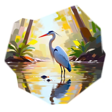 A tall heron with long slender legs is standing still in the shallow waters of the Amazon River. The heron has strikingly long neck and sharp beak, poised and ready as it focuses intently on the water below, searching for fish. The river is surrounded by lush greenery, with tall trees and dense foliage in the background. The sunlight reflects off the water's surface, creating small ripples around the heron’s feet, while the scene embodies the vibrant ecosystem of the Amazon.