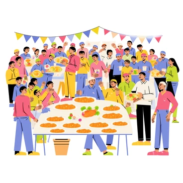 A lively festival scene filled with people enjoying themselves. The crowd is diverse, with men and women of various ages wearing colorful clothing. Some people are laughing and chatting, while others are sampling delicious cod fish dishes presented on vibrant plates. Stalls are set up around the area, showcasing fresh ingredients and decorations featuring fish motifs. In the background, balloons and banners create a festive atmosphere. Tables are filled with platters of golden-brown cod dishes, garnished with herbs and served with side dishes, while the aroma of cooked fish fills the air.