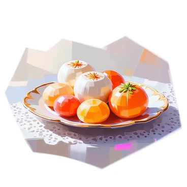 A decorative tray filled with an assortment of traditional Bengali sweets. The tray features beautifully shaped "sandesh" in various colors, including pale white and vibrant orange, with intricate designs made from slivers of pistachio and saffron strands. A few glossy "rasgulla" are nestled alongside, their soft texture glistening with syrup. The tray is placed on a delicate lace tablecloth, and soft light highlights the sweets, making them appear enticing.