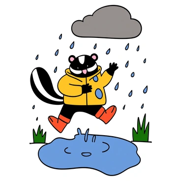 A skunk with a black and white striped tail is wearing a brightly colored raincoat that has yellow and blue patterns. The skunk is also wearing red rubber boots. It is mid-jump, splashing in puddles created by recent rain. Water droplets are flying up around the skunk as it leaps with joy. The background features a few green grass patches and scattered raindrops falling from the gray clouds above.