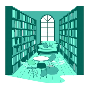 A teal library filled with endless rows of tall, white bookshelves. Each shelf is packed with books of various sizes, and each book has a unique cover design. The spines of the books display the titles in elegant fonts. A warm, inviting light filters through large, arched windows, creating soft shadows on the wooden floor. In the center of the library, there are several small, round white tables with teal chairs around them, inviting readers to sit down and immerse themselves in poetry. A cozy nook with plush white cushions is nestled in one corner, creating an inviting space for reading.