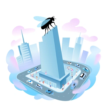 A giant fly is perched atop a skyscraper, its iridescent wings catching the light of the sun. Below the skyscraper, a bustling city can be seen, with numerous cars moving along streets filled with people. Various tall buildings surround the skyscraper, showcasing a mix of modern architecture and older styles. The skyline fades into a gradient of pastel colors as the sky transitions from blue to soft pink and orange hues. The city is alive with activity, with tiny figures walking on the sidewalks and vibrant storefronts lining the streets.