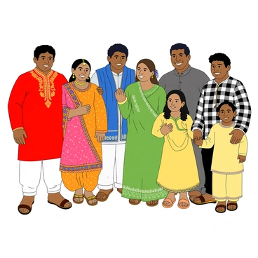 A diverse group of individuals standing together for a group photo, showcasing traditional attire from various states. There are seven people in total. On the left, a man in a bright red kurta with intricate golden embroidery stands proudly, next to a woman in a colorful lehenga adorned with vibrant patterns. The third person is a man wearing a white dhoti paired with a blue embroidered shawl, while beside him, a woman is dressed in a green saree with delicate floral designs. To their right, a man sports a black and white checkered kurta, and next to him, a woman wears a yellow dress made of soft fabric with an elegant border. Finally, on the far right, a child is dressed in a traditional outfit with playful colors, smiling brightly. They are all standing against a neutral background, with expressions of joy and camaraderie reflected on their faces.