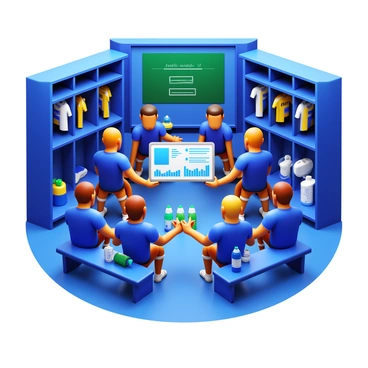 A group of coaches and players gathered in a locker room, discussing performance statistics. The coaches are examining a digital tablet displaying graphs and charts. The players are dressed in their sports uniforms, with water bottles and gear scattered around. A chalkboard in the background shows game strategies and notes. There are benches lined with equipment, and lockers filled with jerseys and gear. The atmosphere conveys focus and teamwork.