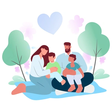 A family is gathered in a park, with two parents sitting on a picnic blanket. The mother is wearing a light sweater, and the father is in a casual shirt, both holding their children close. The children are a boy and a girl, both wearing colorful outfits. The boy is playfully leaning against his mother while the girl is sitting on her father’s lap. Surrounding them are lush green trees and colorful flowers blooming in the background. A warm sunlight bathes the scene, creating a cozy atmosphere. Above the family, a large heart shape is present, symbolizing love and togetherness.