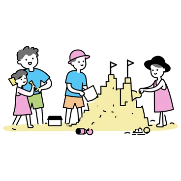 A group of three children, two boys and a girl, are building sandcastles in a sandy playground area. The first boy, wearing a blue t-shirt and green shorts, is using a yellow plastic shovel to scoop sand. The second boy, in a red cap and orange swim trunks, is packing sand into a bucket. The girl, wearing a pink dress and a wide-brimmed hat, is carefully placing a flag on top of the tallest sandcastle. In the background, there are several colorful beach toys scattered around.
