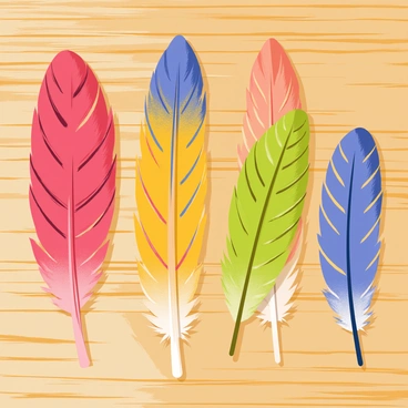 A collection of colorful bird feathers displayed on a wooden surface. Each feather is unique, showcasing a variety of textures and patterns. The feathers range in colors from bright reds and blues to deep greens and yellows. Some feathers have intricate stripes while others are dotted or have soft gradients. The arrangement allows for close examination of the fine details, such as the barbs and quills of each feather. Natural light casts gentle shadows, enhancing the textures and making the colors appear vibrant.