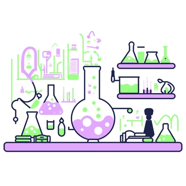 A laboratory setting filled with various glass flasks connected by an intricate system of tubes. In the center, a large flask bubbles with a mixture of liquids, creating an effervescent reaction. Nearby, smaller flasks contain different colored liquids, each connected by transparent tubes that twist and turn between them. The countertop is cluttered with lab equipment such as pipettes, beakers, and a Bunsen burner. In the background, there are shelves lined with additional flasks and jars, creating a sense of organized chaos. A notebook and pen are placed next to the bubbling flask, indicating ongoing research.
