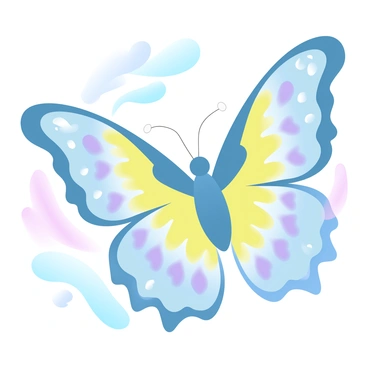 A close-up view of a butterfly's wing, showcasing the intricate and delicate patterns and textures. The wing is adorned with various shapes and colors, including vibrant yellows, rich blues, and soft purples. Each scale on the wing glimmers softly, creating a gradient effect. Surrounding the wing is a blurred, natural background that emphasizes the beauty of the butterfly's design.