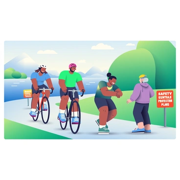 A group of four people of diverse backgrounds is cycling along a lakeside path in Canada. The first cyclist, a woman with dark skin and braided hair, is wearing a bright red helmet and a blue cycling jersey. The second cyclist, a man with light skin and a beard, is dressed in a green t-shirt and black shorts, also wearing a white helmet. The third cyclist, an elderly woman with gray hair tied in a bun, is wearing a lavender cycling jacket and a yellow helmet. The fourth cyclist, a teenage boy with medium skin, is wearing a black hoodie and a blue helmet. 

Along the path, there are signs promoting "Health" and "Safety Protection Plans," prominently displayed with clear, bold lettering. The path is lined with lush green trees, and the sparkling blue lake reflects the sunlight, creating a vibrant atmosphere. In the background, distant mountains are visible under a clear sky.