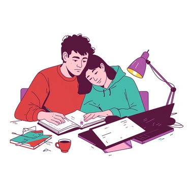 Two students are sitting close together at a cluttered desk filled with books, notebooks, and colorful stationery. The first student, wearing a red sweater, has a focused expression while reading from an open book. The second student, dressed in a teal hoodie, leans into the first, resting their head on their shoulder. A laptop is positioned in front of them, displaying a bright screen. Scattered around the desk are a few crumpled papers and a half-empty coffee cup. A small desk lamp casts a warm glow over the scene, creating a cozy atmosphere.