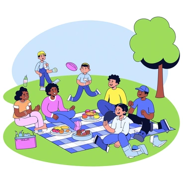A diverse group of people gathered on a green grassy area in a park. There are individuals of various ethnicities, including a woman with curly hair, a man with a baseball cap, and a child holding a sandwich. They are sitting on a large checkered picnic blanket, which is spread out on the grass. Around them, there are picnic baskets filled with fruit, sandwiches, and drinks. Some people are laughing and chatting while others are playing frisbee nearby. In the background, there are trees providing shade and a clear blue sky overhead.