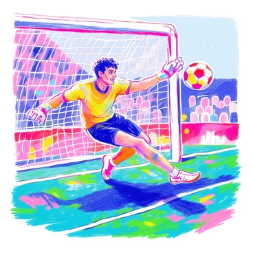 A goalkeeper is depicted in mid-air, making a spectacular dive to the right. They are wearing a bright green jersey and black shorts, with gloves extended towards a soccer ball that is flying at high speed towards them. The goalkeeper's face shows intense concentration and determination. The grass of the soccer field is vividly green beneath them, and the goal post is visible in the background. The scene captures the dynamic motion and excitement of the game, with a blur effect around the ball to emphasize its speed.