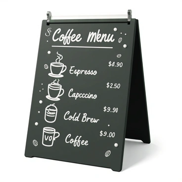 A chalkboard coffee menu with creative hand-drawn illustrations and prices