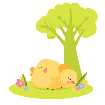 A cute yellow chicken with fluffy feathers is nestled comfortably on the soft grass. The chicken has its eyes closed, indicating that it is peacefully taking a nap. Above, a large green tree with a thick trunk provides shade, with sprawling branches and lush green leaves that filter the sunlight. A few colorful flowers are blooming around the chicken, adding a touch of brightness to the scene. A gentle breeze causes the leaves to sway slightly, creating a serene atmosphere.