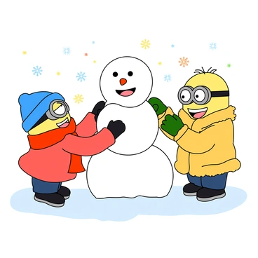 Two playful Minions wearing colorful winter clothes are busy building a snowman. One Minion, dressed in a bright red scarf and a blue beanie, is rolling a large snowball with its little arms. The other Minion, wearing a fluffy yellow coat and green mittens, is stacking another snowball on top of the first one. Snow is gently falling around them, creating a soft white blanket on the ground. The snowman has a cheerful face made of stones and a carrot for a nose, while the Minions laugh and cheer as they work together. Brightly colored snowflakes float in the air, adding to the festive scene.