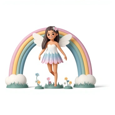 A fairy with delicate, shimmering wings, standing confidently at the end of a vibrant rainbow. The fairy has long, flowing hair adorned with tiny flowers, and she is wearing a dress made of iridescent petals that catch the light. She is smiling brightly, revealing a sense of joy and magic. The rainbow arcs gracefully in the background, with each color distinctly visible, while the ground beneath the fairy is covered in lush green grass dotted with colorful wildflowers.