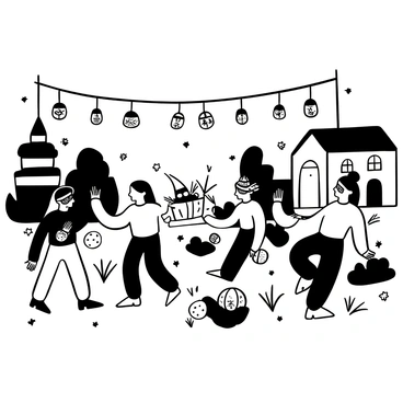 A village scene depicting a festival, with lanterns hanging from trees and buildings, casting light across the gathering. People are dancing joyfully, adorned in intricate masks that add to the festive atmosphere. Their costumes are elaborately designed, featuring a variety of patterns and textures. The ground is scattered with decorations and hints of celebration, while the background shows traditional village structures.