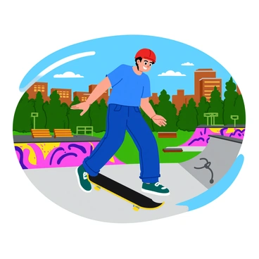 Tyler skating at a park, with graffiti-covered ramps and urban scenery