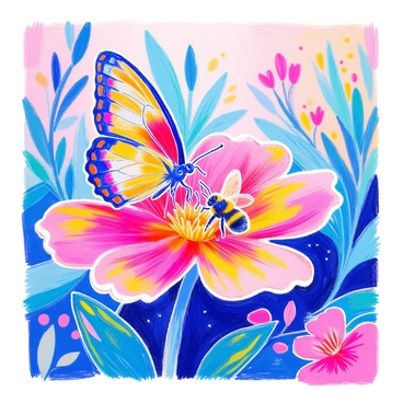 A butterfly with colorful wings is perched on a large, vibrant flower. The flower has bright petals in shades of pink and yellow, creating a striking contrast against the greenery. Nearby, a honeybee is hovering close to the flower, its body covered in fine hairs and pollen. The scene captures the butterfly and the honeybee both engaged with the flower, showcasing their intricate details and vibrant colors. The background consists of lush green leaves and soft hints of other flowers.
