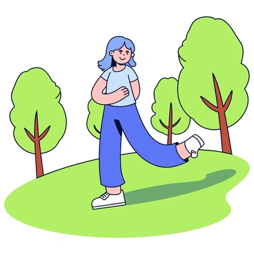 A person stretching their quadriceps by standing on one leg. The individual is facing the camera and is holding their other foot behind them with one hand. The setting is a sunny park with vibrant green grass covering the ground. In the background, there are several tall trees with bright green leaves, and the sky is clear and blue. The sunlight casts soft shadows on the grass.