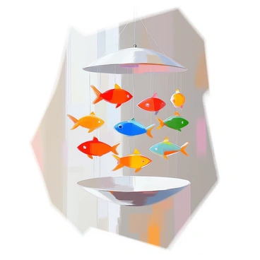A mid-century modern mobile suspended from the ceiling, featuring a vibrant array of colorful fish. The fish are crafted in various shades including bright red, deep blue, sunny yellow, and soft green. Each fish is delicately attached to thin, transparent wires, allowing them to move gently with the slightest breeze. The mobile has an elegant, fluid form, with the fish arranged in a balanced manner, creating an eye-catching focal point in the space. The overall composition conveys a sense of playfulness and creativity.