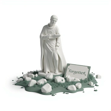 An ancient statue in ruins with a plaque saying 'Error 404: Forgotten'