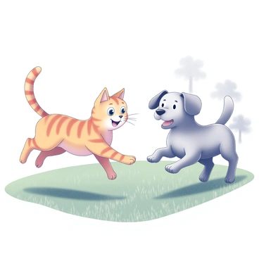 A cat with orange fur, recognizable for its distinctive stripes, is playfully chasing a dog. The dog has a round face and large floppy ears, looking surprised as it runs. They are both moving across a lush, green lawn, with the grass appearing thick and well-maintained. The scene captures the dynamic motion of the chase, with the cat's paws lifted off the ground and the dog's tail wagging energetically. In the background, there are a few generic trees with a simplified silhouette, enhancing the sense of a playful outdoor environment.