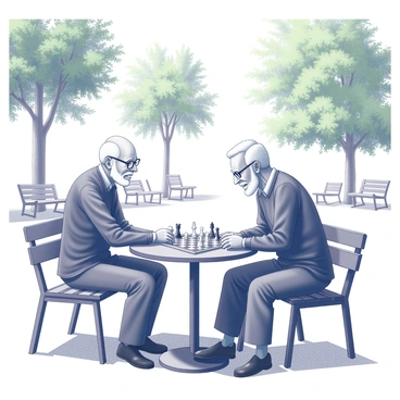 Two elderly men are seated at a small, round chess table in a park. One man has a white beard and wears glasses, intently studying the chessboard, while the other has a full head of gray hair and is leaning slightly forward, contemplating his next move. They both have warm smiles on their faces as they enjoy their game. Surrounding them are lush green trees and various park benches, providing a serene atmosphere. Sunlight filters through the leaves, casting dappled shadows on the ground.