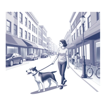 A dog on a leash is being walked by a person down a busy city street. The dog is of medium size, with a shiny coat, and it has its tongue out happily as it moves. The person is holding the leash firmly, wearing casual clothing. The street is bustling with people; some are walking briskly past, while others are stopping to glance at shop windows. Buildings line the street, featuring various storefronts with bright signage and awnings. There are cars parked along the curb, and a few bicycles are leaning against a nearby lamppost.