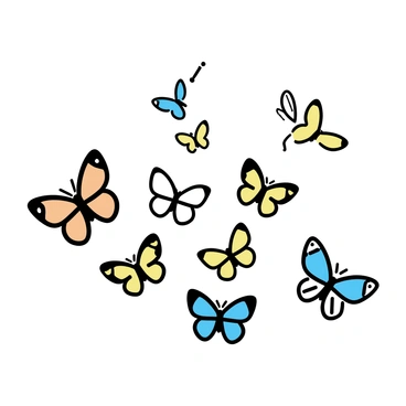 A multitude of butterflies with vibrant colors, including orange, blue, and yellow, fluttering together in the sky. Each butterfly has unique patterns on its wings, creating a captivating display. The butterflies are shown in various sizes, some closer to the viewer while others appear further away, adding depth to the scene.