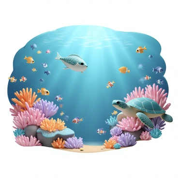 A vibrant underwater scene filled with diverse marine life. There are colorful coral reefs in shades of pink, orange, and purple, creating a lively background. Schools of small fish in various colors, such as yellow, blue, and red, swim playfully through the coral. A large sea turtle glides gracefully past, with its shell displaying intricate patterns. A pair of clownfish can be seen nestled among the anemones, while a majestic angelfish swims nearby. Sunlight filters down through the water, casting beautiful reflections and highlighting the rich textures of the underwater environment.