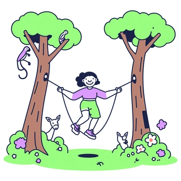A cartoon character with a big smile is jumping rope between two tall trees in a vibrant jungle. The character has colorful clothing and lively energy, with hair bouncing as they jump. The trees have thick trunks and leafy canopies, casting dappled shadows on the ground. Surrounding the character, various jungle animals are watching curiously. A monkey hangs from a branch above, a parrot is perched nearby, and a small deer peeks out from behind a bush. The ground is covered with green grass and scattered colorful flowers, enhancing the whimsical atmosphere.