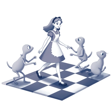 Alice is depicted walking across a giant checkerboard floor. The floor consists of alternating black and white squares that create a bold, geometric pattern. Surrounding her are peculiar creatures with various shapes and features; some have elongated limbs while others possess large eyes and whimsical expressions. The creatures appear to be interacting with Alice, some reaching out or leaning closer as she walks. Alice is wearing a classic blue dress and a white apron, with her hair in a simple style. Her expression is one of curiosity as she navigates this surreal environment.