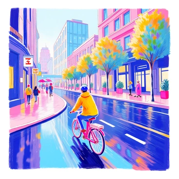 A cyclist is riding an electric bike along a city street. The cyclist is wearing a bright yellow rain jacket and a helmet for protection. The cityscape features modern buildings with glass facades reflecting the soft light of the rainy day. The street is slick with water, creating reflections of the surroundings. Gentle rain droplets can be seen falling, and the cyclist's tires are splashing through small puddles. Nearby, a row of vibrant green trees line the sidewalk, their leaves glistening from the rain. In the background, blurred figures can be seen walking with umbrellas.