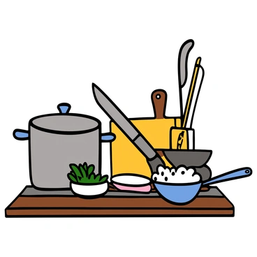 A collection of cooking utensils arranged neatly on a wooden countertop. There is a stainless steel pot, a sharp knife, a wooden cutting board, a pair of chopsticks, and a ladle. A small bowl contains fresh herbs, while white rice is placed in another bowl nearby. The utensils are positioned in a way that showcases their use in preparing "moo deng," with each item clearly visible and well-defined. The colors of the utensils range from metallic silver to warm wooden tones, creating a harmonious kitchen scene.