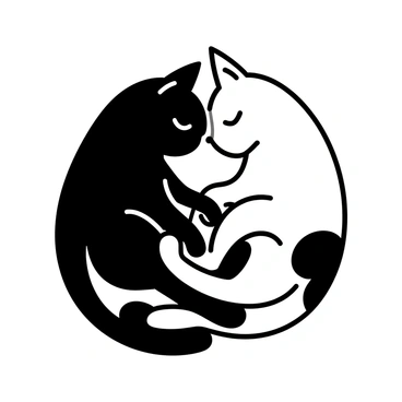 A tattoo design featuring two cats curled up together. One cat is black with white markings, and the other cat is white with black patches. Their bodies are positioned in a circular arrangement, forming a yin-yang symbol. The cats' tails intertwine, accentuating the balance of the design. The cats have calm expressions, with their eyes closed, conveying a sense of harmony. The background is left blank to emphasize the tattoo's details.