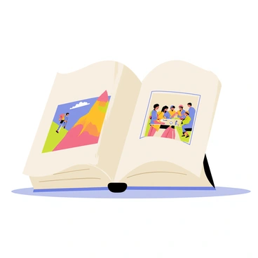 An open book with a light brown cover, its pages turned to the right, revealing vibrant illustrations. On the left page, a colorful scene shows a mountain climber facing a steep cliff, symbolizing challenges. On the right page, a group of diverse people sharing ideas around a table, representing lessons learned. The illustrations are framed with decorative borders, enhancing the importance of the depicted themes. A soft shadow falls beneath the book, grounding it in the scene.