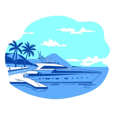 A blue yacht is docked at a small white pier on a remote island. The yacht has a sleek design with a glossy finish, and its sails are neatly folded. Surrounding the pier are several tall, green palm trees swaying gently in the breeze. In the background, the shoreline curves gently, and there are patches of soft sand visible. The sky above is clear and bright, with a few fluffy white clouds scattered throughout. The calm waters reflect the yacht and surrounding scenery.