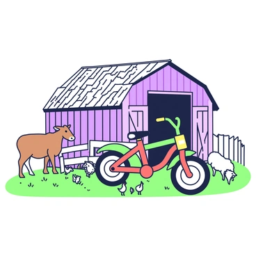 A tricycle is parked beside a rustic barn made of weathered wood, showcasing its details such as peeling paint and a slanted roof. The tricycle has a bright red frame and a small yellow seat. In the background, there are several farm animals, including a brown cow grazing on grass, a few chickens pecking at the ground, and a sheep with thick wool standing near the barn. The barn has a large door that is slightly ajar, revealing the interior dimly lit. A wooden fence encircles the barn area, adding to the farm setting.