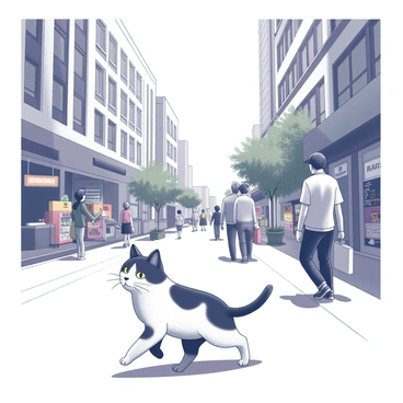 A black-and-white cat walking confidently down a bustling city street. The cat has distinct black patches on its white fur, with bright eyes observing its surroundings. The street is filled with people walking, some carrying shopping bags, while others are engaged in conversation. Tall buildings line both sides of the street, featuring large windows and signage. A few trees are scattered along the sidewalk, providing a touch of greenery amidst the urban setting. The atmosphere is lively, with various street vendors and colorful displays in the background.