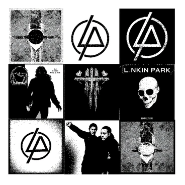 A collage features various album covers of Linkin Park. Each element from the album covers is represented in distinct sections of the composition, showcasing their unique styles. The designs incorporate recognizable motifs, imagery, and textures from each cover, seamlessly blending them into a unified piece. The collage displays intricate details and patterns associated with each album, creating a visually engaging arrangement that reflects the band's evolution over time. The overall form of the collage is structured yet dynamic, allowing each album’s identity to be highlighted while remaining cohesive.
